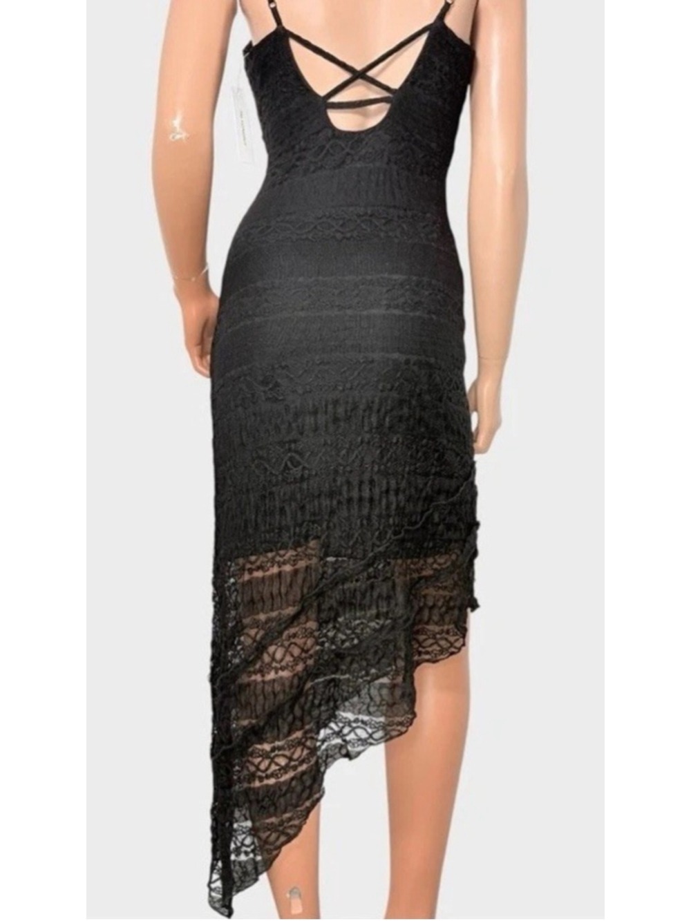 90s Deadstock Black Lace Mesh Midi Dress Asymmetrical Hanky Hem M Fairy Grunge - Picture 2 of 13